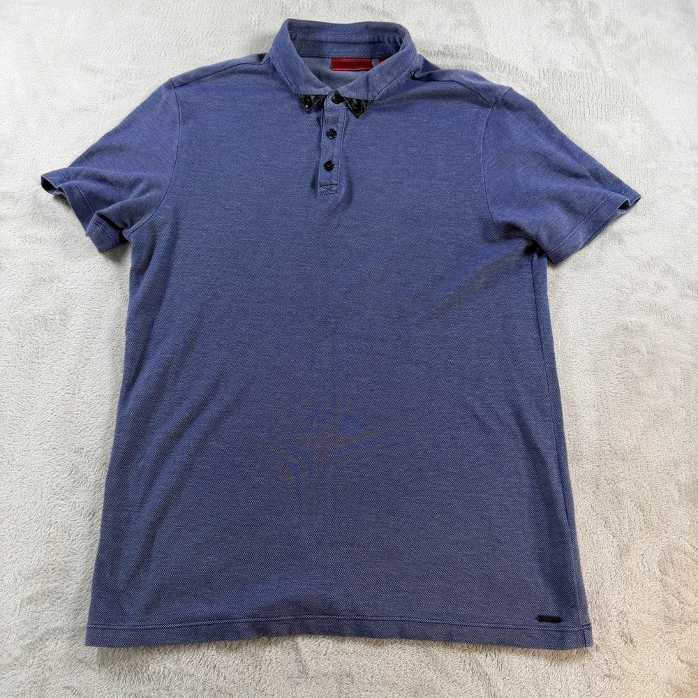 HUGO Hugo Boss Men's Casual Polo Shirt Size M Blue Leather Trim Collar Accent